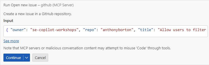 Example of Copilot Chat dialog box asking for confirmation to run the create issue command