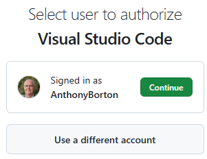 A popup showing the user account selection for GitHub authentication