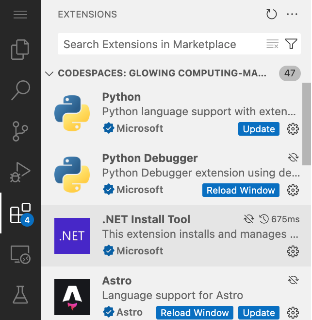 Screenshot of the extensions window with multiple extensions showing either Update or Reload Window buttons